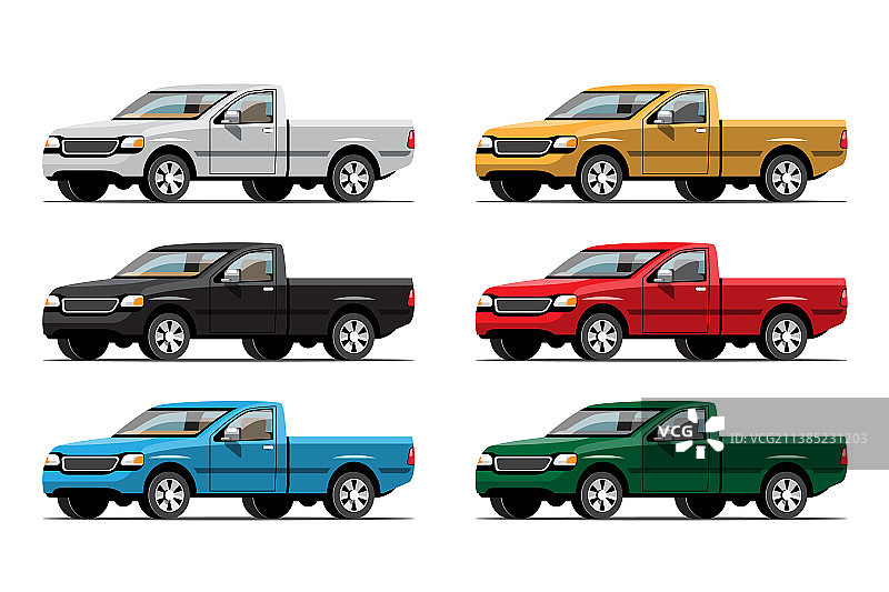 白色背景上的彩色皮卡车合集图片素材
