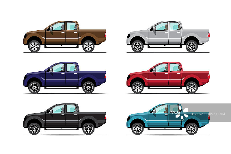 白色背景上的彩色皮卡车合集图片素材