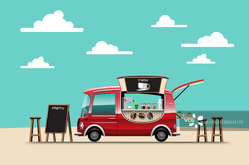 餐车侧视图菜单咖啡木椅图片素材