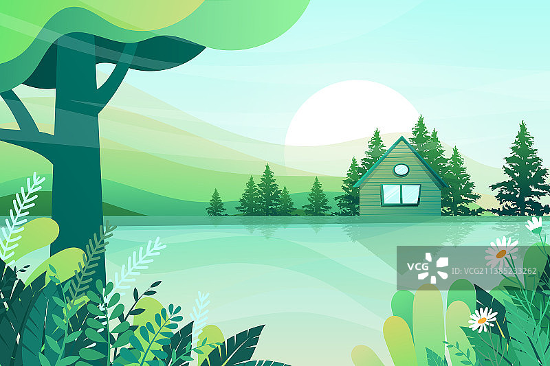 带绿色草坪和阳光的卡通农舍图片素材