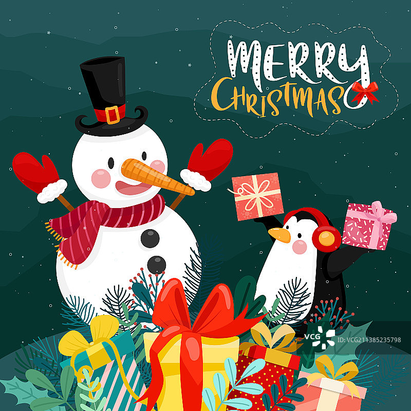 圣诞节贺卡与礼品盒企鹅图片素材