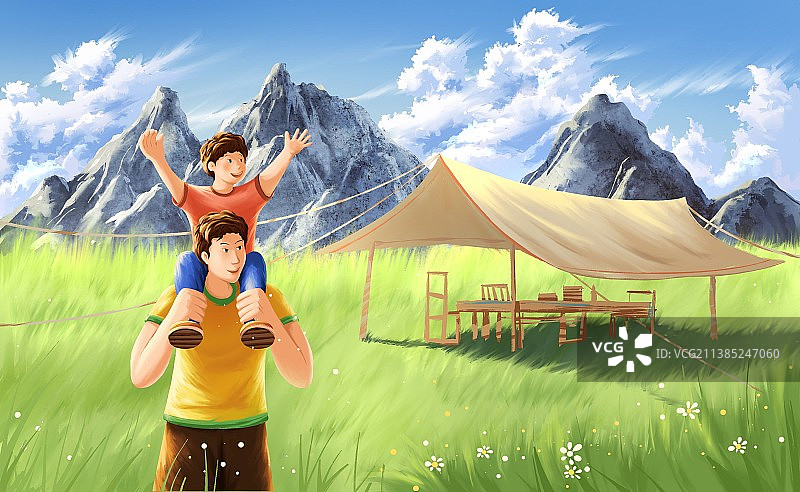 父子在户外露营玩耍插画图片素材