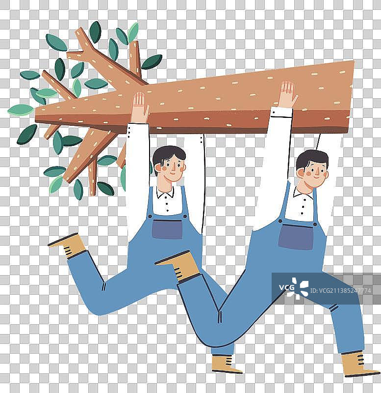 手绘可爱的两个举着树的男性图片素材