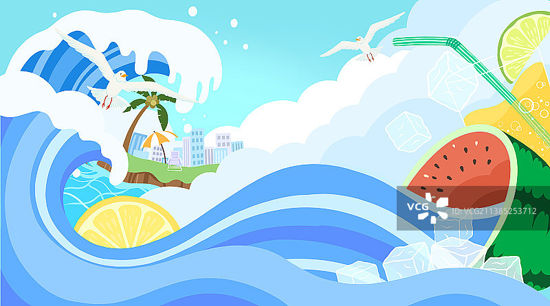 夏日海边西瓜冲浪插画图片素材