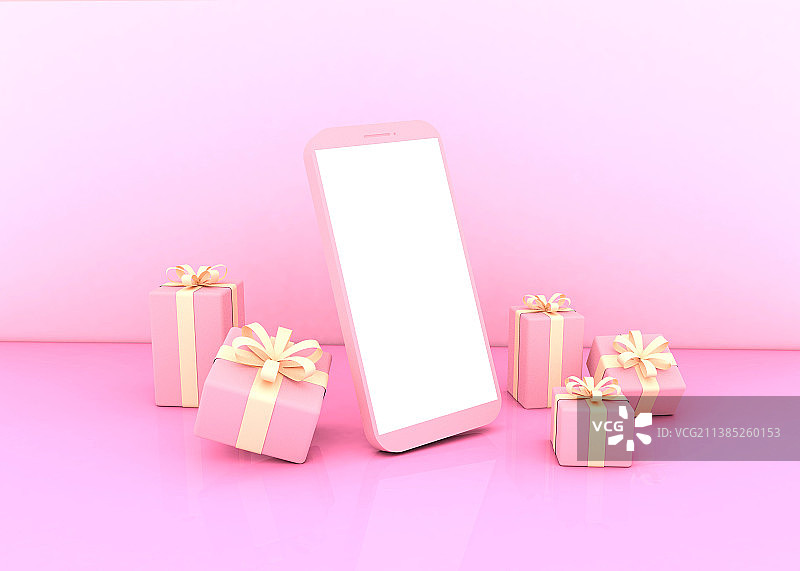 粉色手机和礼物盒的立体模型图片素材