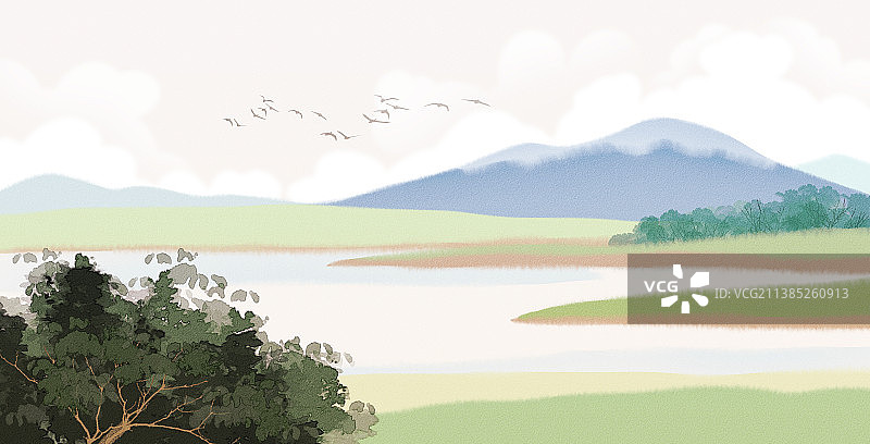 水面湖面风景插画图片素材