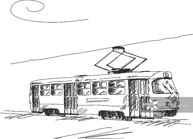 手绘复古有轨电车图片素材