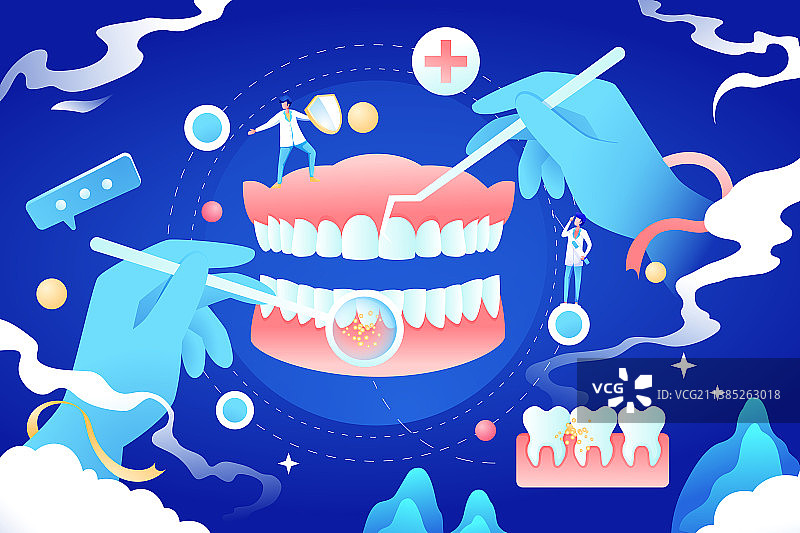卡通种植牙拔智齿检测检查卫生清洁洗牙洁牙服务医师医护团队牙周疾病预防诊断预约口腔牙科医疗健康矢量插画图片素材