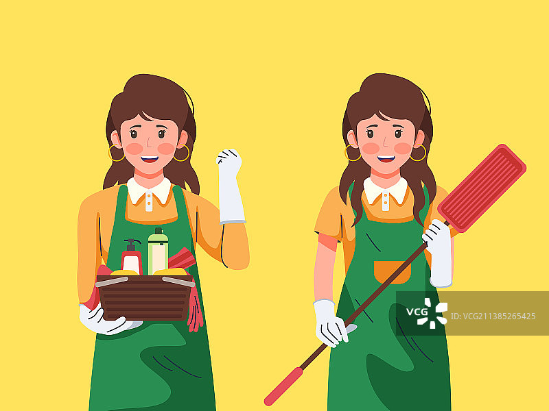 两个清洁员分别拿着拖把和清洁工具矢量插画图片素材