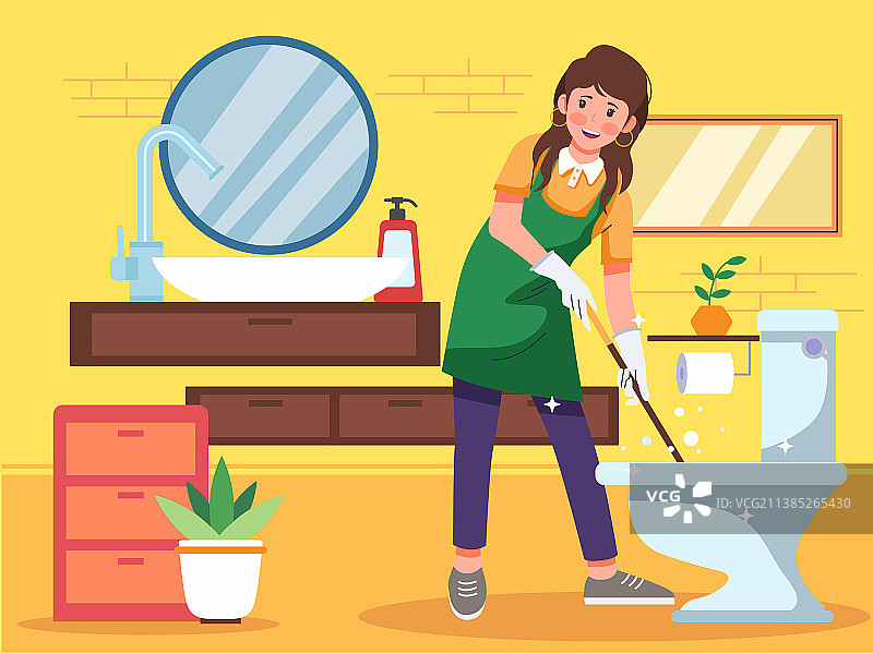 一个女生在卫生间里面清洗马桶矢量插画图片素材