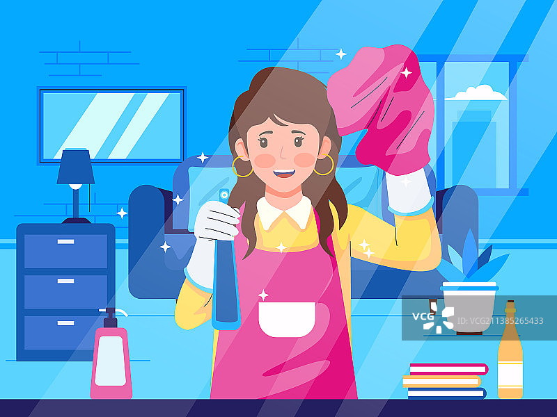母亲手拿抹布和洗洁剂正在擦玻璃矢量插画图片素材