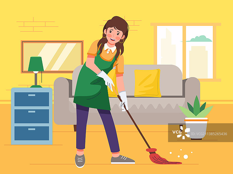 女孩手拿拖把拖地背景是沙发矢量扁平插画图片素材