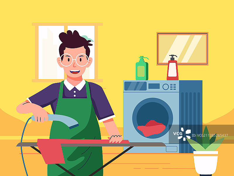 爸爸手拿熨斗正在烫衣服矢量插画图片素材