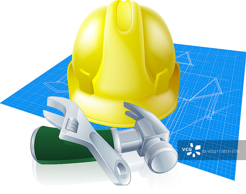 安全帽、工具和蓝图图片素材