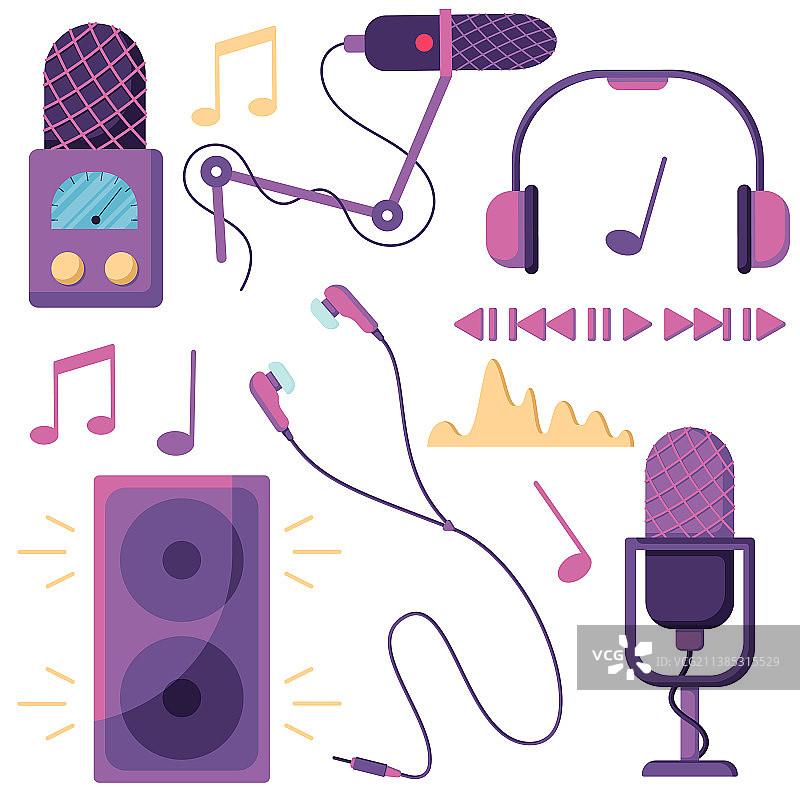 扁平风格的播客和音频图标集图片素材