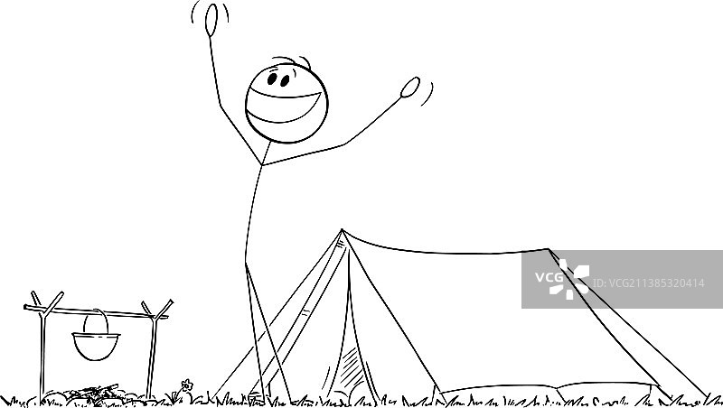 快乐的人在帐篷附近享受大自然早晨图片素材