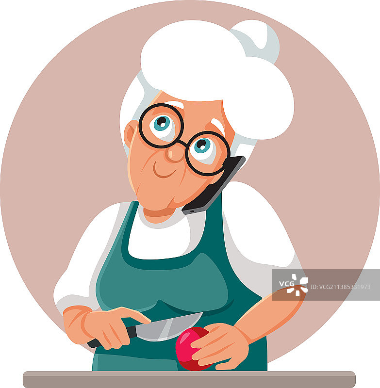 奶奶一边做饭一边打电话卡通图片素材