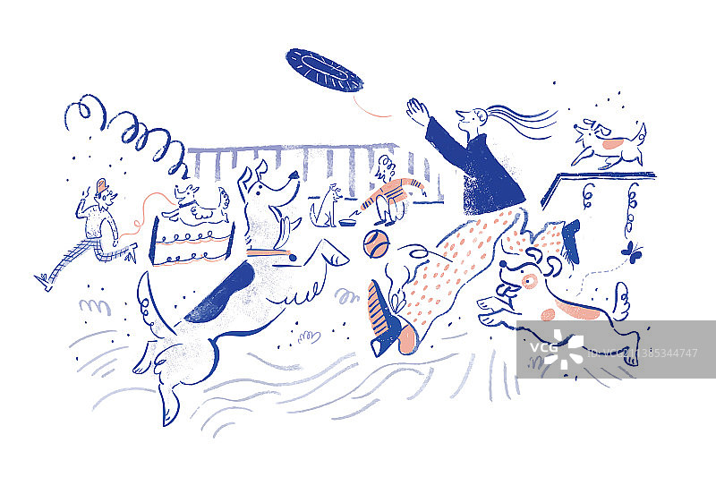 宠物狗训练接飞盘 手绘感概念插图图片素材