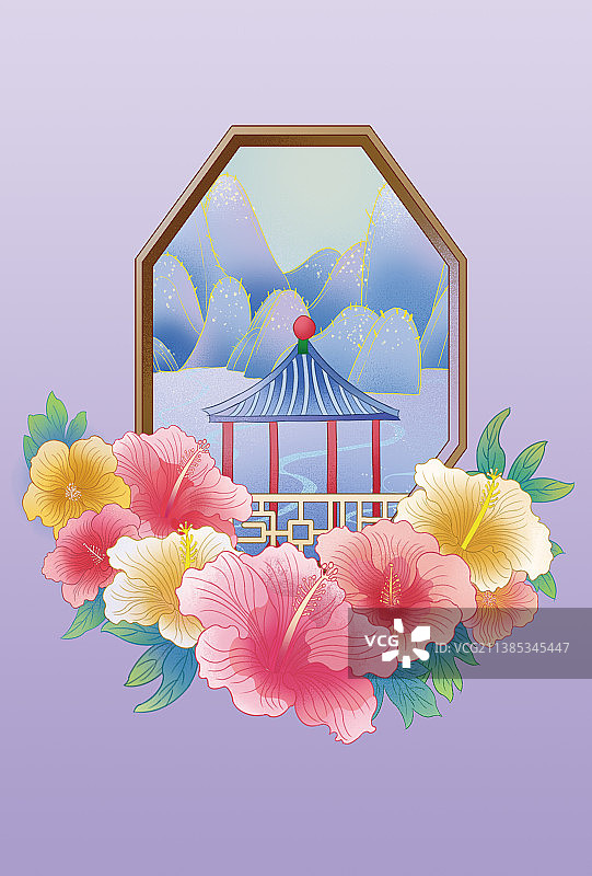 国潮插画12花令系列之拾壹月芙蓉花图片素材