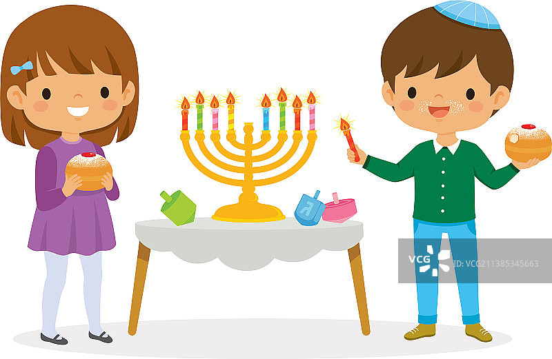 男孩和女孩庆祝光明节图片素材