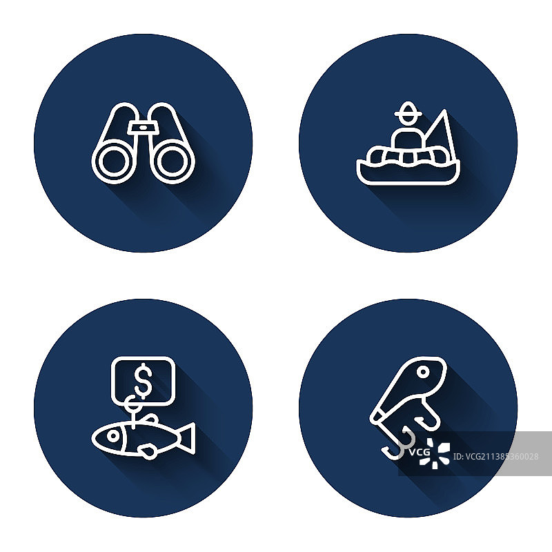 双筒望远镜、渔船和价格标签组合图片素材