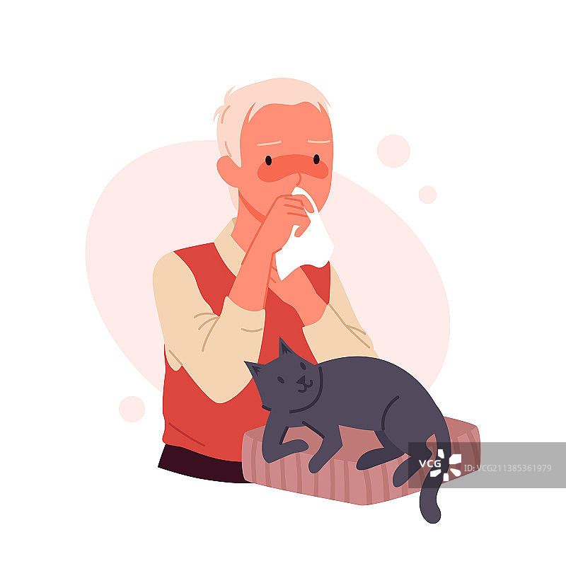 对猫过敏的男孩抱着不健康的孩子图片素材