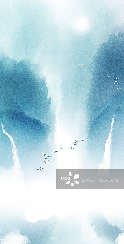 新中式风格山水瀑布风景插画图片素材