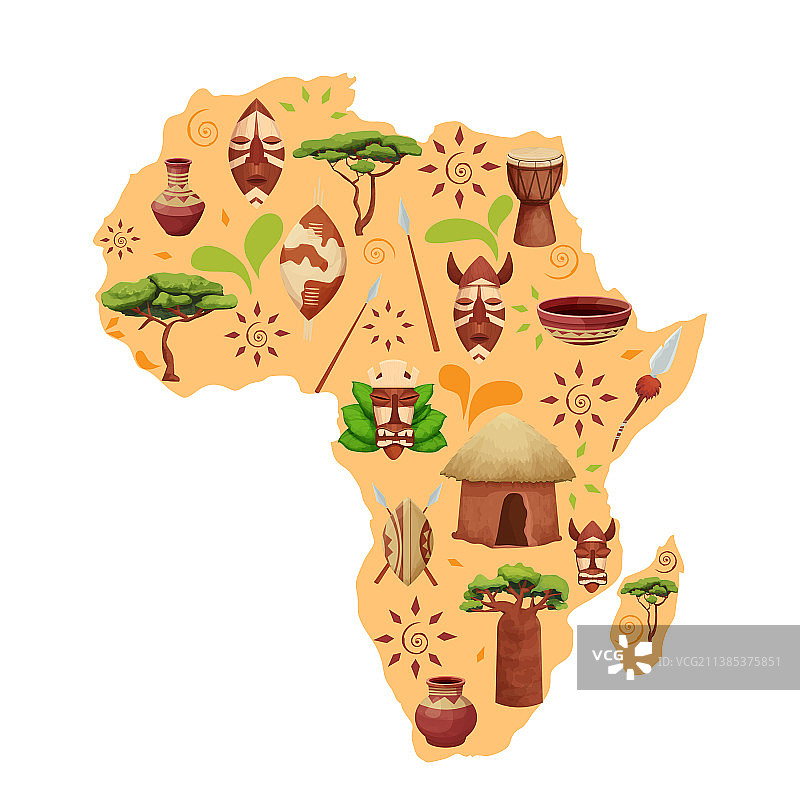 非洲地图轮廓与民族元素图片素材