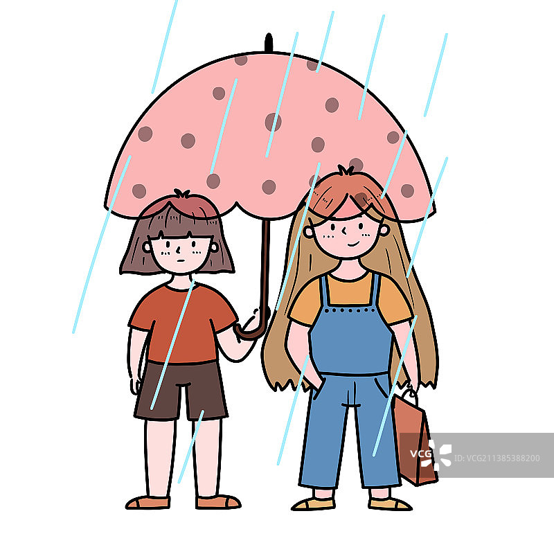 下雨天两个小女孩打伞简笔画图片素材