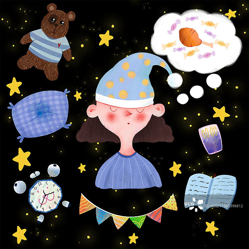 小女孩夜晚睡觉儿童插画图片素材
