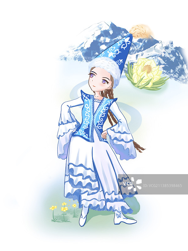 五十六个名族之哈萨克族与天山雪莲民族风插画图片素材