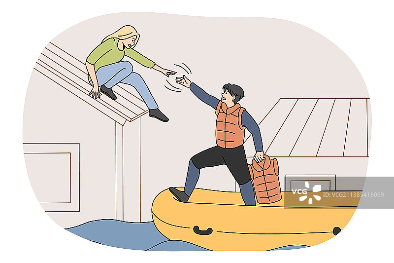 救援人员乘船帮助被洪水淹没房屋的居民图片素材