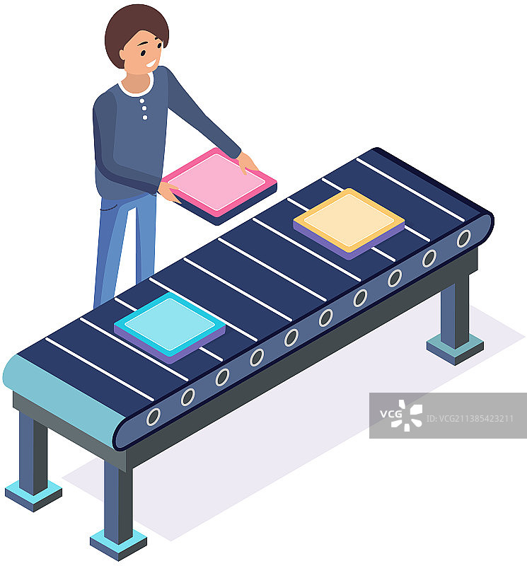 男人检查传送带上的磁带程序文件图片素材