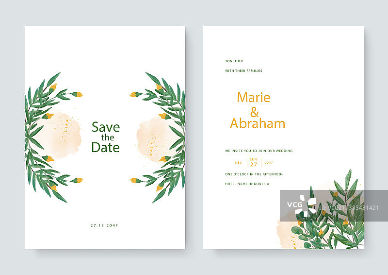 水彩花卉叶子婚礼卡片套装图片素材