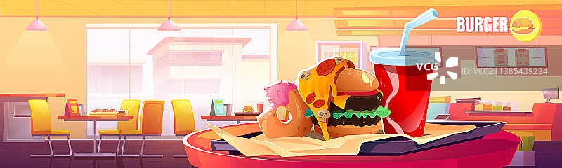 快餐店内部与托盘汉堡图片素材