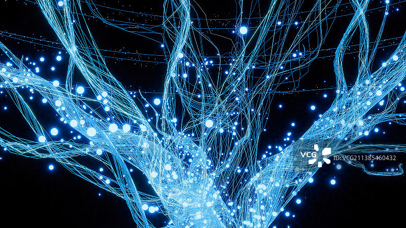 蓝色发光粒子树,植物神经元细胞生长图片素材