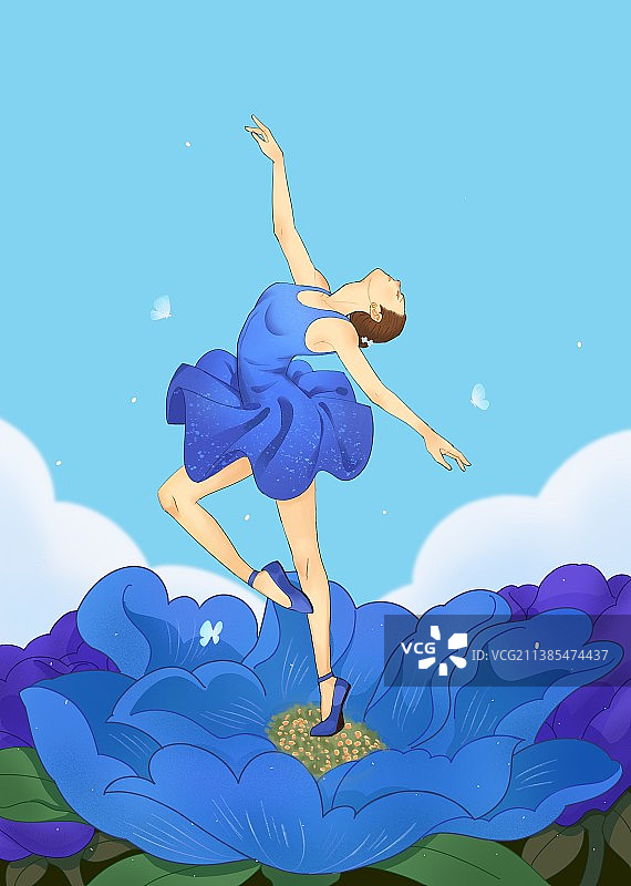 穿蓝衣服在花朵上跳舞的人图片素材