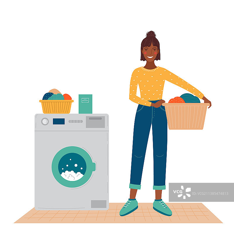 站在洗衣机旁的女人图片素材