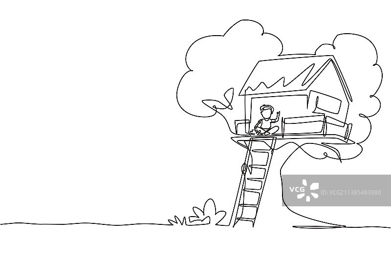 儿童在树屋上的连续单线绘画图片素材
