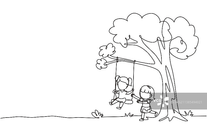 单线画：快乐玩耍的两个女孩图片素材