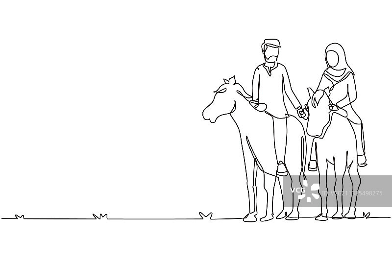 阿拉伯夫妇骑行单线画图片素材