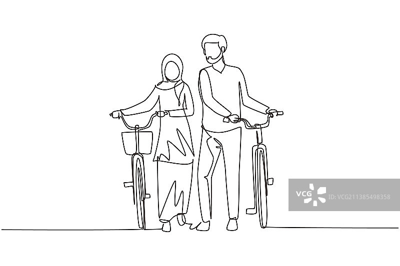 骑自行车的人步行的单线连续绘图图片素材