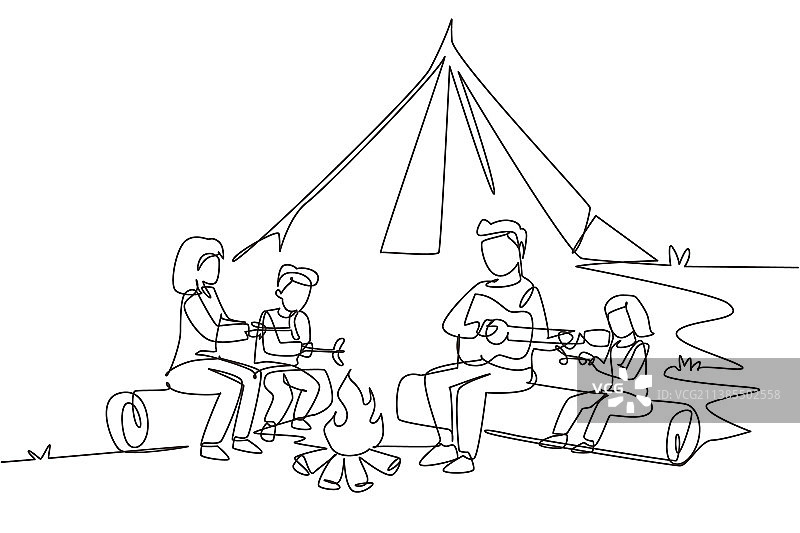 徒步家庭坐姿连续单线画图片素材