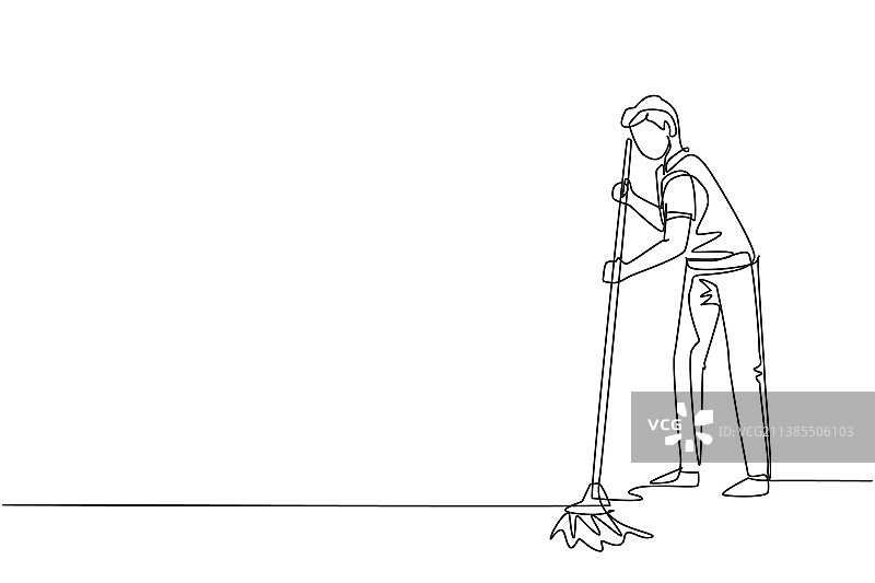 单线画：年轻男人拖地图片素材