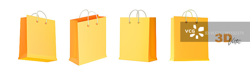 一套带手柄的黄色纸质礼品袋，已隔离图片素材