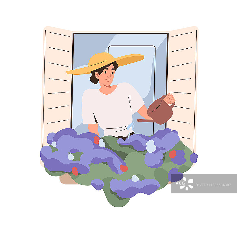 女人在窗台上给盆栽花浇水图片素材