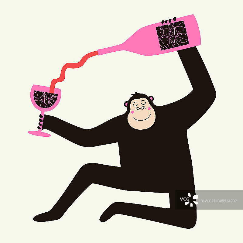 拿着瓶子和红酒杯的大猩猩图片素材