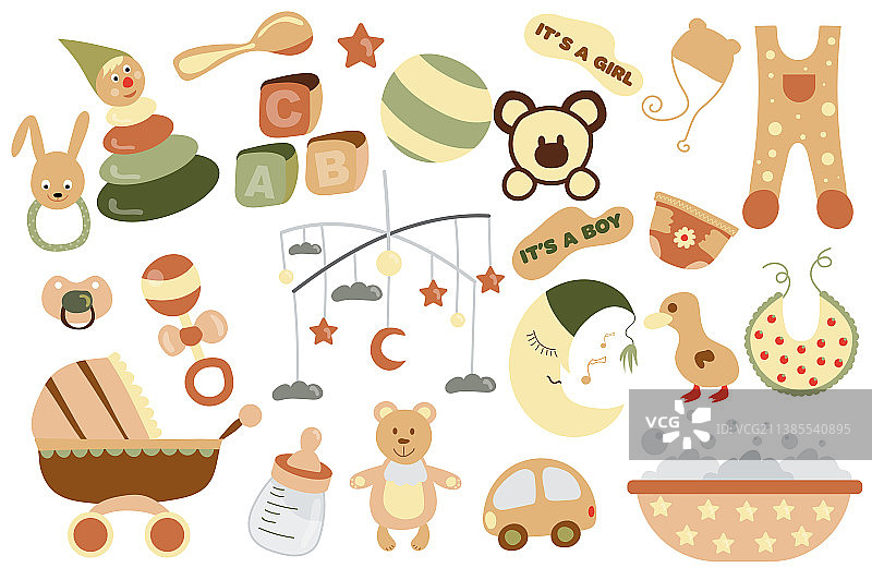 婴儿送礼会和新生儿孤立元素套装图片素材