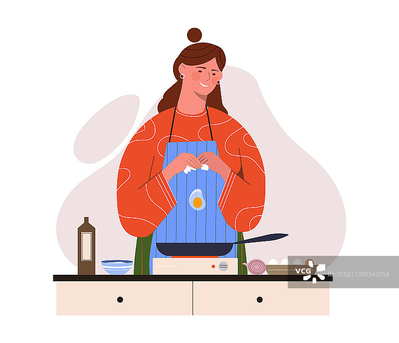 女孩在煎锅里烹饪图片素材