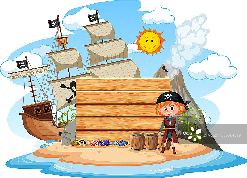 岛上拿着空白banner的海盗女孩图片素材